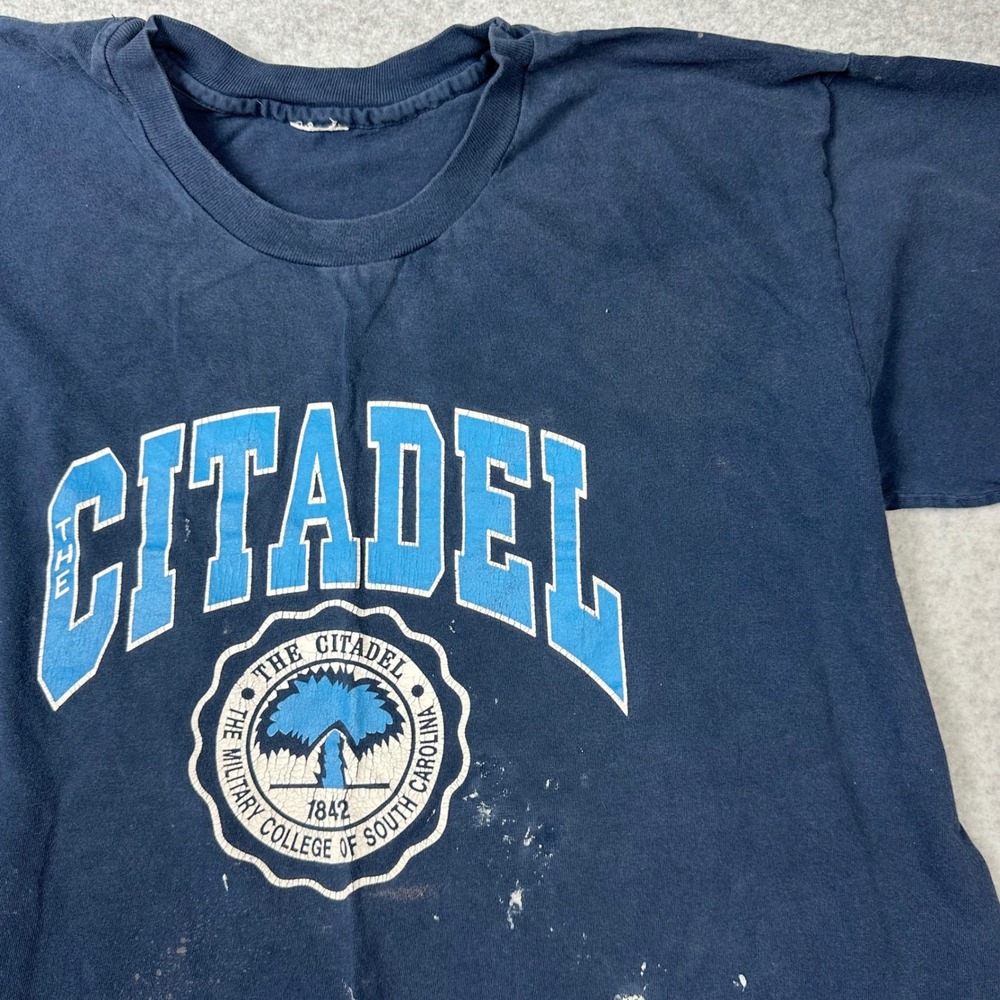 Vintage The Citadel Military College South Carolina T-Shirt Navy Distressed XL